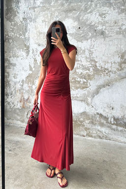 Kiremit Ay Kol Buzgu/Drape Detayl? Vucuda Oturan Esnek Maxi Orme Elbise TWOSS25EL00666