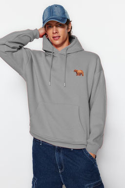 TRENDYOL MAN Gri Oversize/Genis Kesim Kapusonlu Hayvan Nak?sl? Ici Polarl? Sweatshirt TMNAW24SW00097 - Trendyolmilla фото 2
