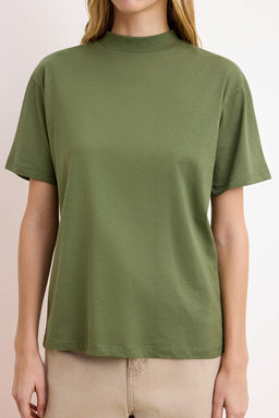 Kahverengi-Haki 2li Paket %100 Pamuk Basic Dik Yaka Orme T-Shirt TWOSS20TS1500