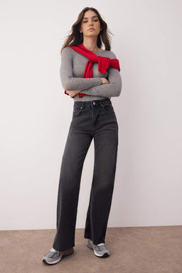 Siyah Yuksek Bel Pacas? Kesikli Wide Leg/Genis Paca Palazzo Comfort/Esnek Smoke Jeans TWOAW26JE00081