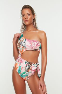 TRENDYOLMILLA Cicek Desenli Tek Omuz Cut Out/Pencereli Regular Mayo TBESS22MA0197 фото 11