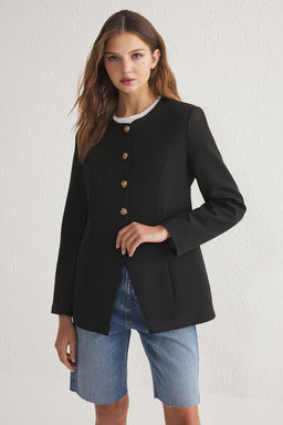 Siyah Vatkal? Bisiklet Yaka Dokuma Blazer Ceket TWOSS25BC00008