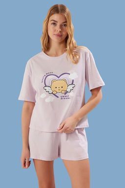Trendyolmilla Lila %100 Pamuklu Bask?l? Sortlu Orme Pijama Tak?m? THMSS25PT00198