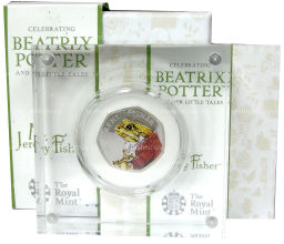 50 пенсов 2017 года Великобритания 150 лет со дня рождения Беатрис Поттер Джереми Фишер (в коробке)