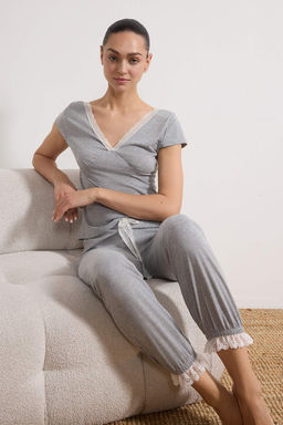 Gri Melanj Pamuklu Dantel ve S?rt Detayl? Orme Pijama Tak?m? THMSS26PT00053 - Trendyolmilla фото 3