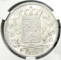 5 франков 1828 года W Франция (в слабе CPRC MS 64)