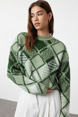 Mint Genis Kal?p Crop Baklava Desenli Triko Kazak TWOAW24KZ01126