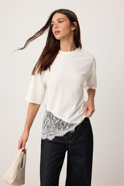 Ekru Regular/Normal Kal?p Dantel Detayl? K?sa Kollu Orme T-Shirt TWOSS26TS00303