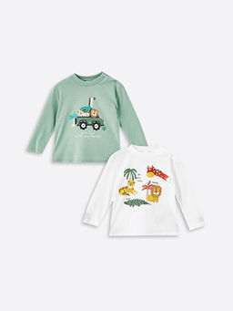 Bisiklet Yaka Uzun Kollu Bask?l? Erkek Bebek Ti??rt 2li