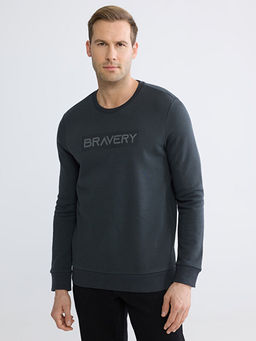 Bisiklet Yaka Bask?l? Erkek Kal?n Sweatshirt