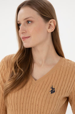 Свитер женский U.S. Polo Assn с v-образным вырезом светло-коричневый хлопок  фото 9