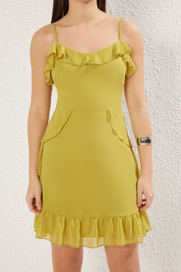 TRENDYOLMILLA Mint Cicek Desenli A Kesim Mini Astarl? Volanl? Dokuma Elbise TWOSS20EL1267  фото 16