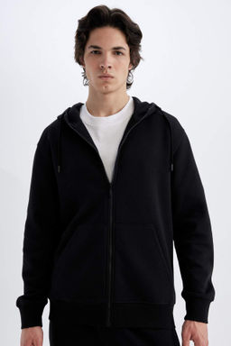 Regular Fit Kapusonlu Ici Yumusak Tuylu Cepli Basic Duz Fermuarl? Sweatshirt - Defacto фото 5