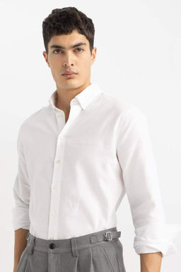 Beyaz Modern Fit Polo Yaka Petek Dokulu Basic Duz Uzun Kollu Gomlek - Defacto фото 2