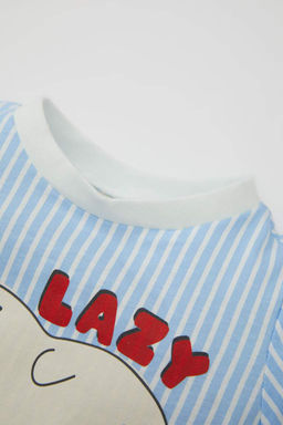 Пижамный комплект из чесаного хлопка в полоску с короткими рукавами для маленьких мальчиков - Defacto фото 3