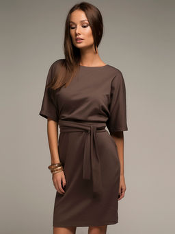 Платье цвета мокко длины мини с поясом и рукавом летучая мышь - 1001dress фото 2