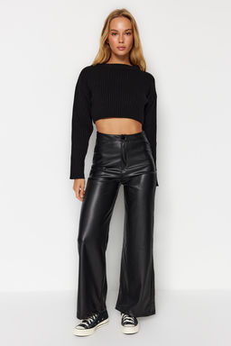 Siyah Suni Deri Wide Leg Cep Detayl? Orme Pantolon TWOAW24PL00103