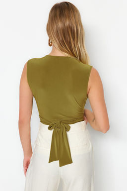 Yesil Baglama Detayl? V Yaka Fitted/Vucuda Oturan Esnek C?tc?tl? Orme Body TWOSS23BD00055