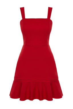 K?rm?z? Nervur Detayl? Etegi Volanl? Ask?l? A Kesim Dokuma Mini Elbise TWOSS20EL2504