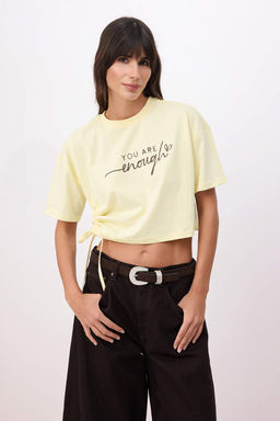 Ac?k Sar? Slogan Boxy Dusuk Kol K?sa Kollu %100 Pamuk Orme T-Shirt TWOSS26TS00189 - Trendyolmilla фото 2