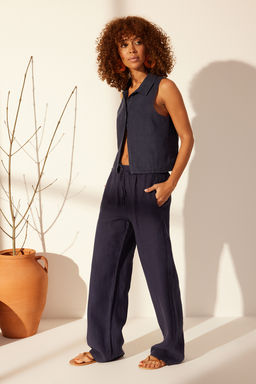 Lacivert %100 Keten Beli Lastikli Yuksek Bel Wide Leg Pantolon TWOSS24JE00249 - Trendyolmilla фото 3