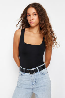 Siyah Fitted/Vucuda Oturan S?rt? Detayl? Kare Yaka C?tc?tl? Esnek Orme Body TWOSS24BD00026
