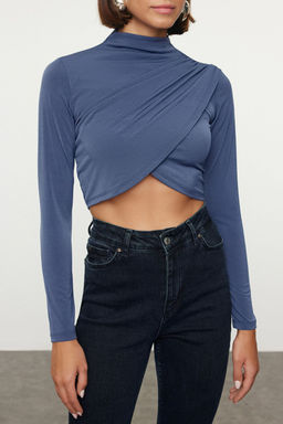 Trendyolmilla Bordo Dik Yaka Drapeli Crop Bluz TWOAW24BZ00164  фото 3