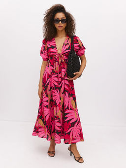 Платье миди из хлопка с объемными рукавами