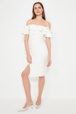 Bridal Ekru Astarl? Volanl? Dokuma Abiye Gece Elbise TPRSS21EL1403 - Trendyolmilla фото 3