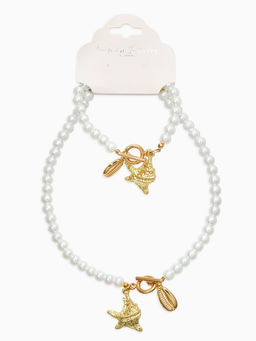 Набор 2 пред-та: бусы.браслет "Жемчуг", ракушка, цвет белый в золоте L=18/42см №8