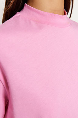 Pembe-Beyaz 2li Paket %100 Pamuk Basic Dik Yaka Orme T-Shirt TWOSS20TS1500