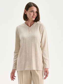 V Yaka Kendinden Desenli Kad?n Triko Kazak