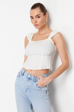 Ekru Fitted/Vucuda Oturan Pamuklu Crop Dokuma Bluz TWOSS24BZ00317 - Trendyolmilla фото 2