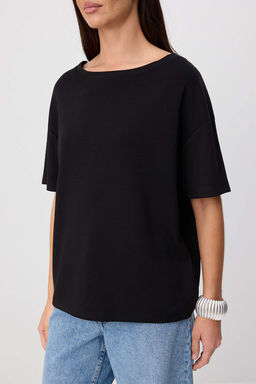 Siyah Regular/Normal Kal_p V Yaka Kolsuz Dantel Detayl_ Krep _rme T-shirt TWOSS26TS00305 - Trendyolmilla фото 3