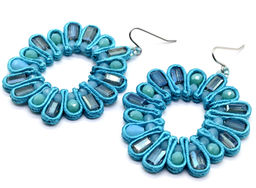 Серьги ручной работы Солнце с цирконами в оплетении цв.голубой