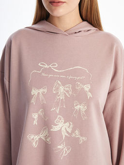 Kap??onlu Bask?l? Oversize Kad?n Sweatshirt Tunik