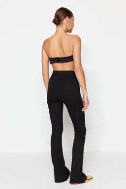 Siyah Nervurlu Beli Lastikli Flare/Ispanyol Paca Yuksek Bel Orme Pantolon TWOSS20PL0342