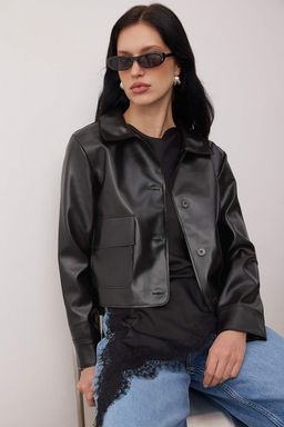 Koyu Kahverengi Suni Deri Gomlek Yaka Dokuma Ceket TWOAW26CE00008 - Trendyolmilla фото 6