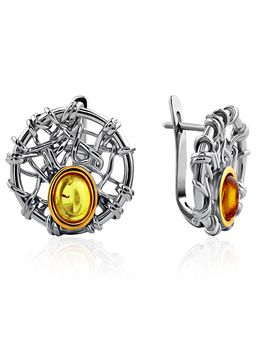 Стильные серьги Гнездо из серебра и натурального янтаря