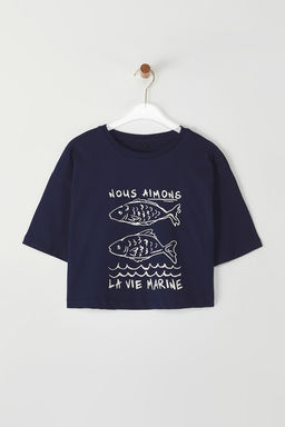 TRENDYOLMILLA Lacivert %100 Pamuk Relaxed/Rahat Kal?p Crop Bask?l? Orme T-Shirt TWOSS25TS00080 фото 5