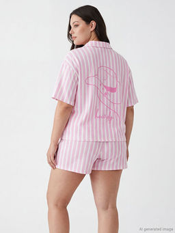 G?mlek Yaka ?izgili Kad?n ?ortlu Pijama Tak?m?