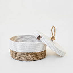 Корзина из джута круглая с крышкой 21х21х11см с белым кантом - Уютности фото 4