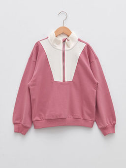 Yar?m Bal?k?? Yaka Renk Bloklu Uzun Kollu K?z ?ocuk Sweatshirt