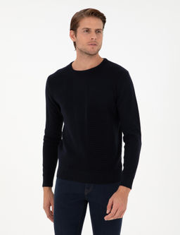 Lacivert Slim Fit Bisiklet Yaka Y_n Kar___ml_ Triko Kazak