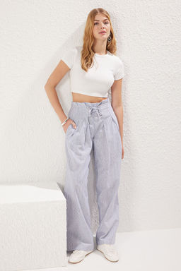 Cok Renkli Cizgili Keten Gorunumlu Wide Leg/Genis Paca Dokuma Pantolon TWOSS25PL00032 Palazzo