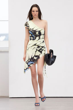 Limited Edition Cok Renkli Bask?l? Midi Asimetrik Yaka Esnek Orme Kalem Elbise TWOSS24EL00565