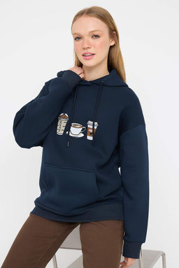 Teen Lacivert Nak?sl? Oversize/Genis Kal?p Kapusonlu Orme Sweatshirt TWOAW26SW00105