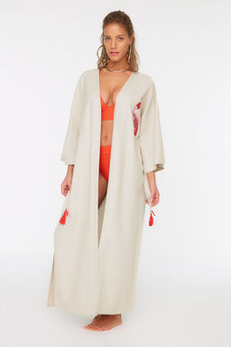 Mercan Kusakl? Maxi Dokuma Nak?sl? Keten Kar?s?ml? Plaj Kimono&Kaftan TBESS20KM0051