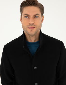 Siyah Y_n Kar___ml_ Slim Fit Palto