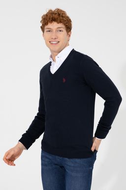 U. S. Polo Assn Мужской базовый трикотажный свитер темно-синего цвета с v-образным вырезом - U.s. polo assn фото 3